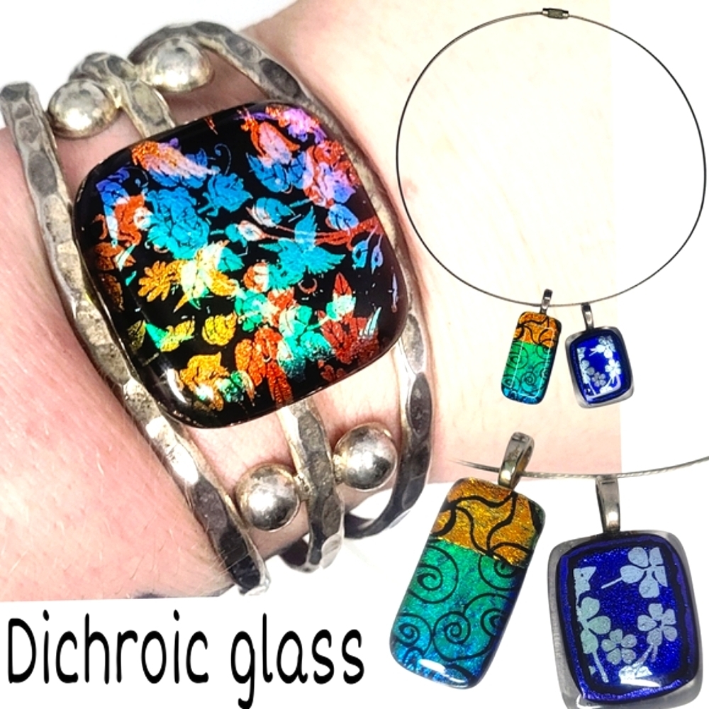 Vintage Dichroic Glass Bracelet with Multicolor Floral Accent